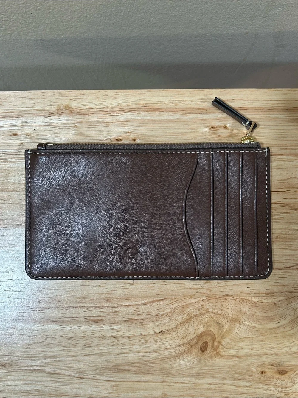 Tory Burch Dark Brown Leather Zip Card Case with Gold Logo